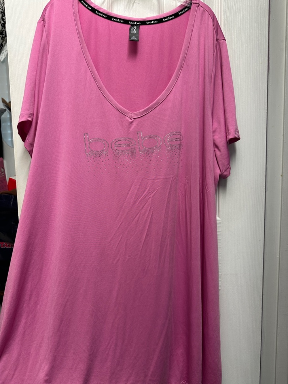 bebe Hot Pink V-Neck Short Sleeve Tee with Rhinestone Logo